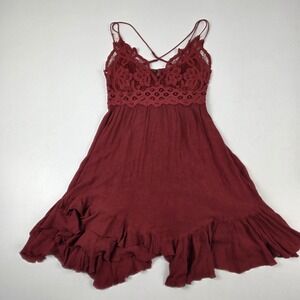 FP ONE Adella Slip Dress Womens XS Red Lace Ruffle Hem Boho Short Mini Festival